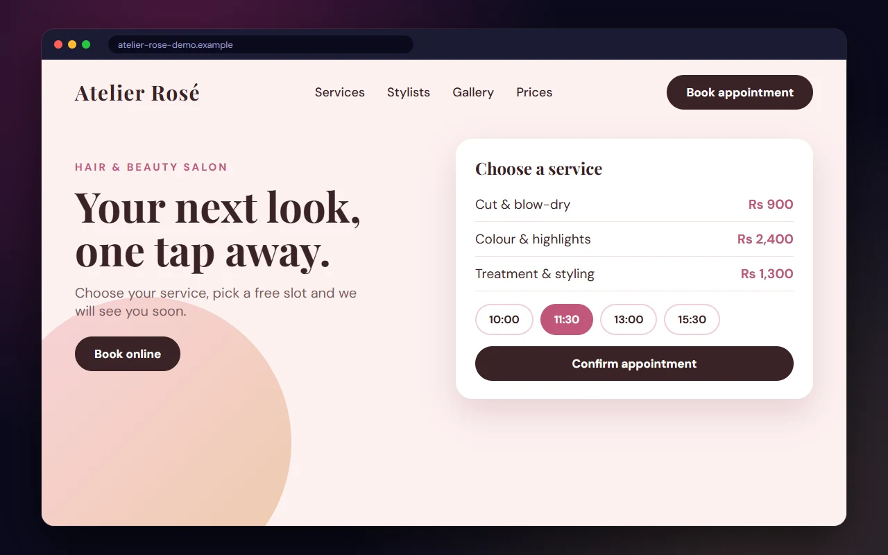 Sample website design: Hair salon with online appointments