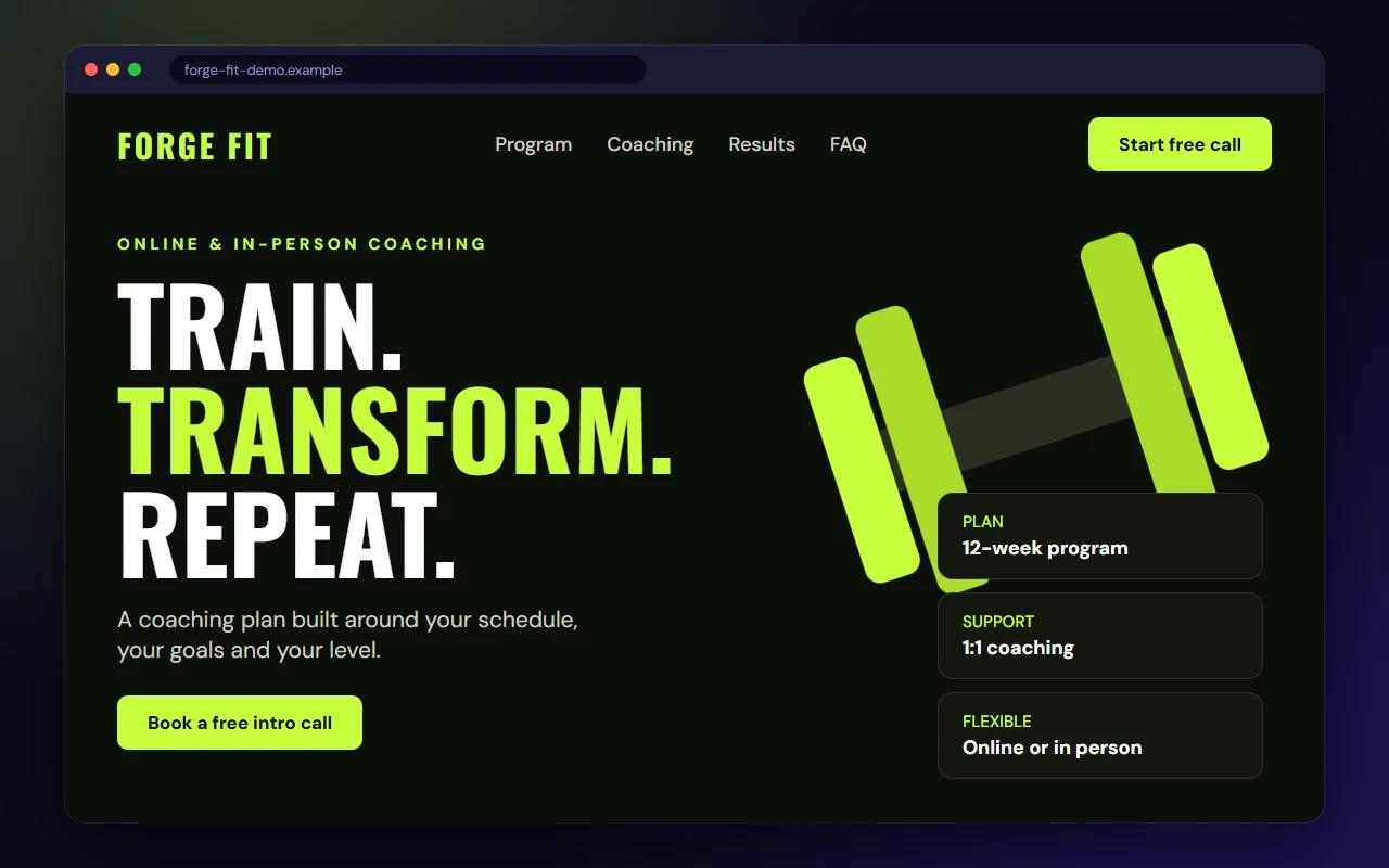 Sample website design: Fitness coach landing page