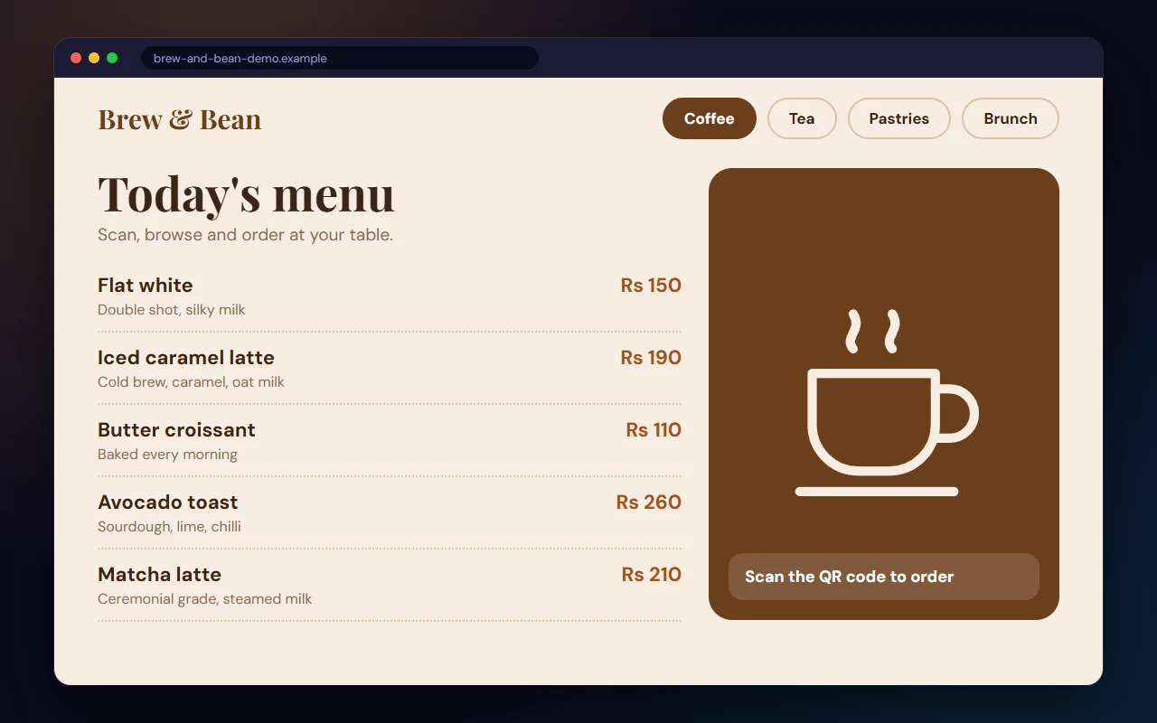Sample website design: Cafe online menu